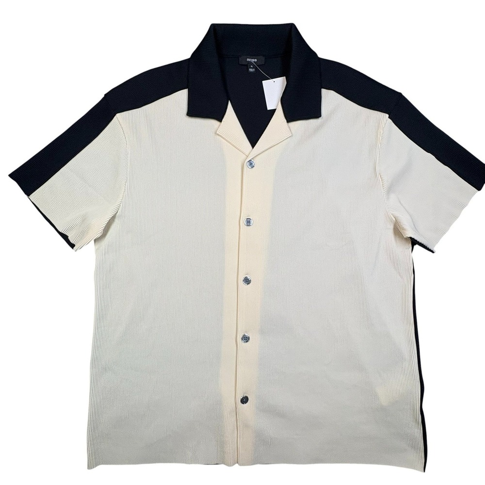Reiss Castro Ribbed Knit Button Front Shirt Mens XL Short Sleeve Camp NEW $160